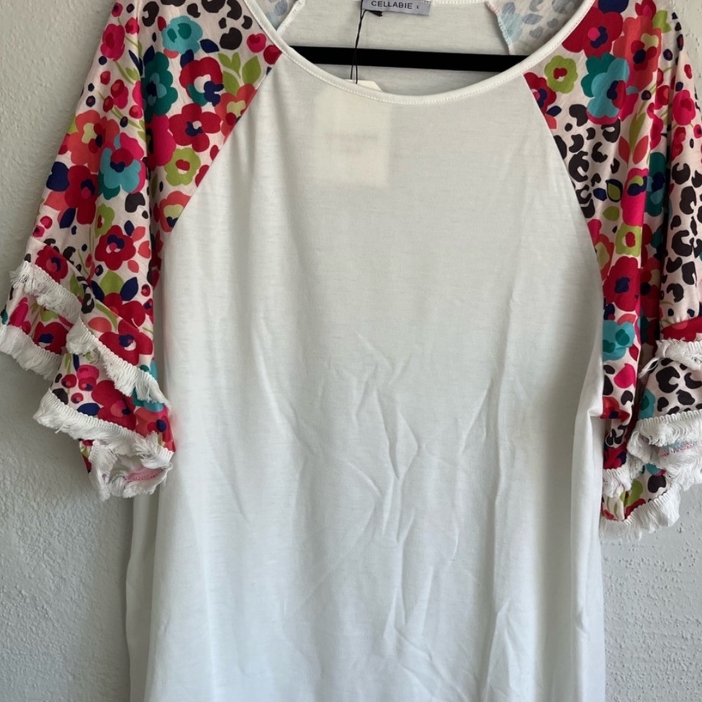 White Top with Colorful Sleeves with Fringe